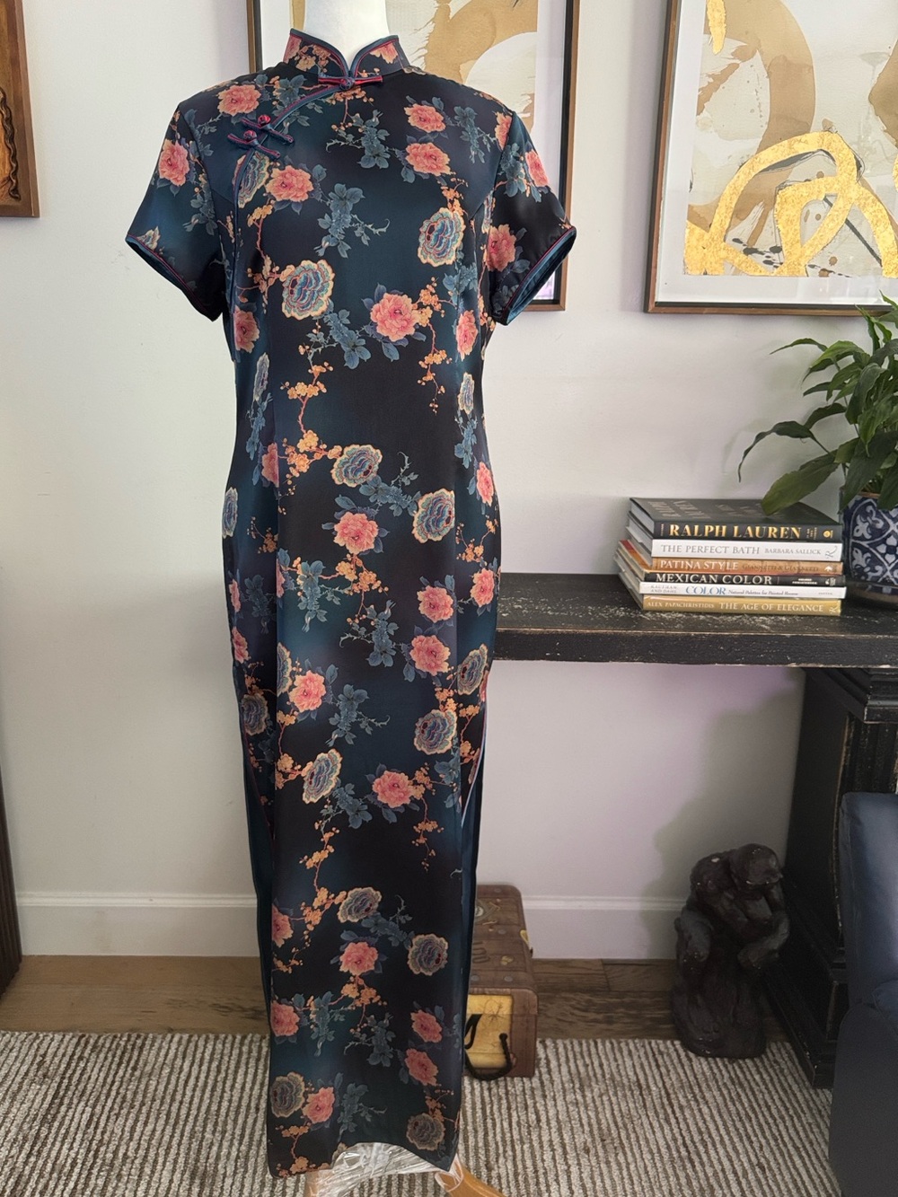 Blue floral cheongsam dress classic mandarin collar side slits